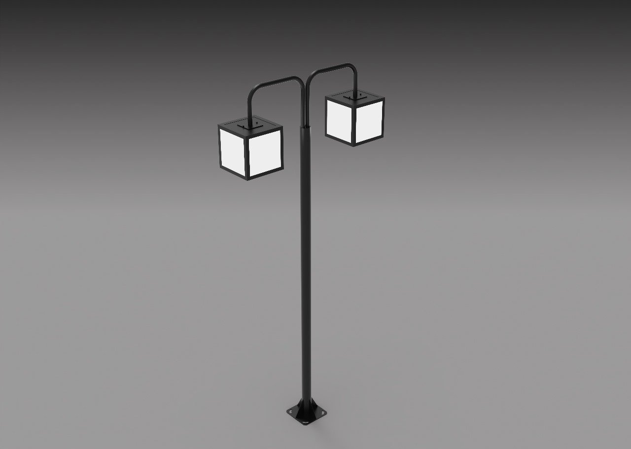 Poste Telecônico reto com luminária cubo PT 351, aço SAE 1020, lâmpada LED 50W, diversas cores e 5 anos de garantia. Ideal para iluminação externa.